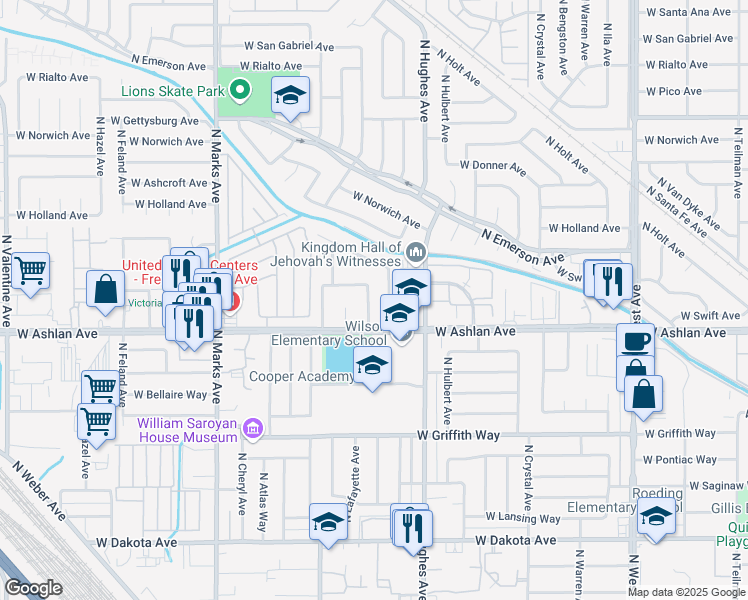 map of restaurants, bars, coffee shops, grocery stores, and more near 4228 North Kavanagh Avenue in Fresno