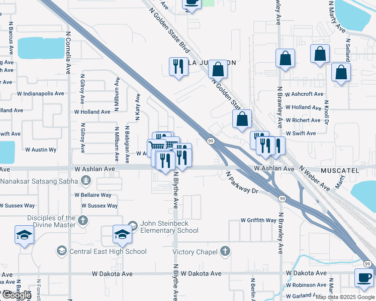 map of restaurants, bars, coffee shops, grocery stores, and more near 4356 West Ashlan Avenue in Fresno
