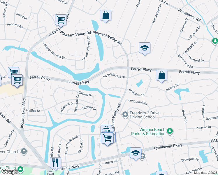 map of restaurants, bars, coffee shops, grocery stores, and more near 4913 Fountain Hall Drive in Virginia Beach