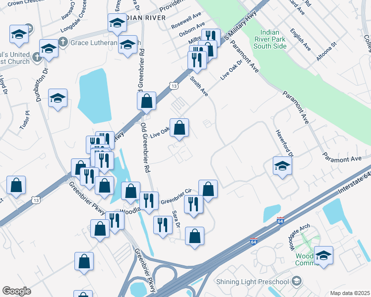 map of restaurants, bars, coffee shops, grocery stores, and more near 840 Juniper Crescent in Chesapeake