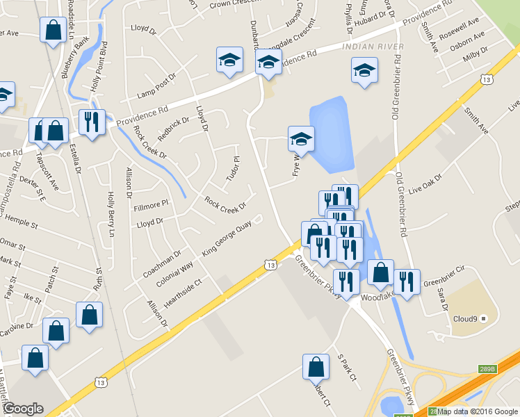 map of restaurants, bars, coffee shops, grocery stores, and more near 2114 Rock Creek Drive in Chesapeake