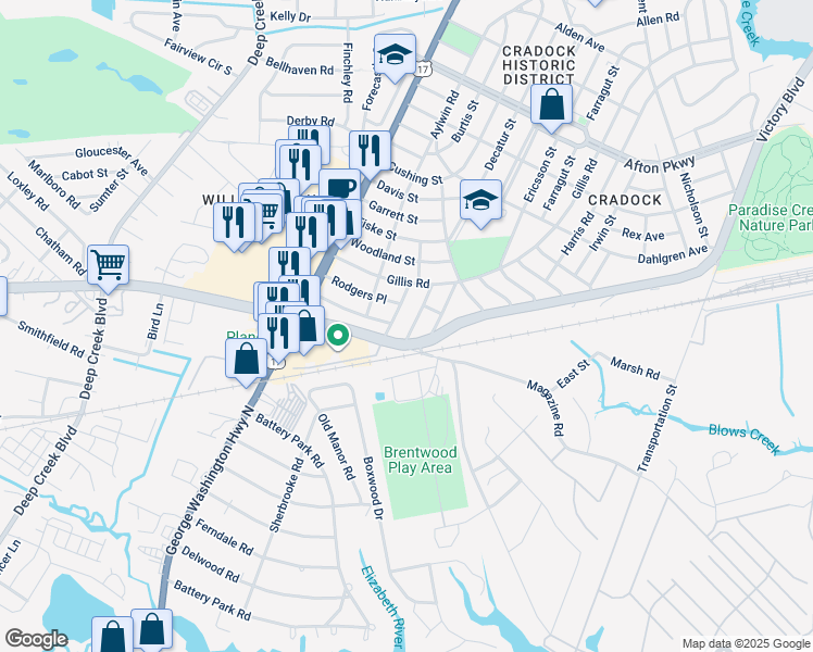 map of restaurants, bars, coffee shops, grocery stores, and more near 15 Tyron Place in Portsmouth