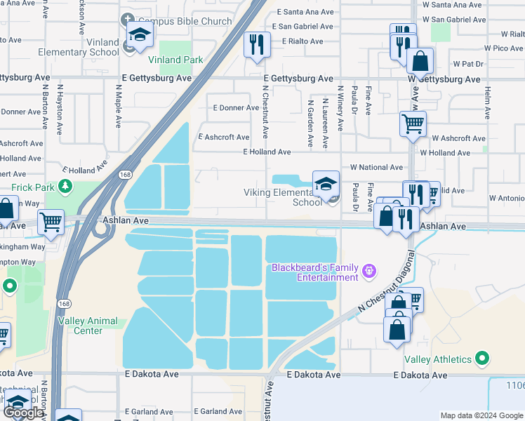 map of restaurants, bars, coffee shops, grocery stores, and more near 4794 East Austin Way in Fresno