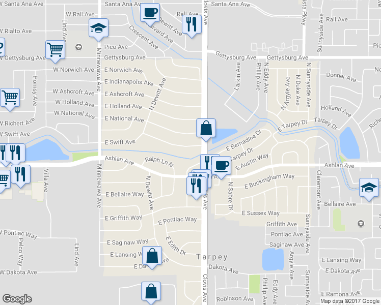 map of restaurants, bars, coffee shops, grocery stores, and more near 5588 East Swift Avenue in Fresno