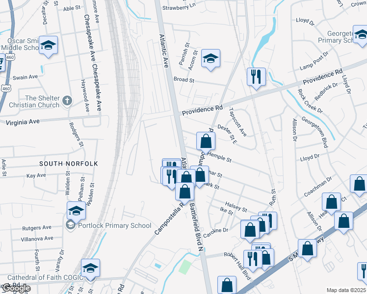map of restaurants, bars, coffee shops, grocery stores, and more near 2048 Atlantic Avenue in Chesapeake