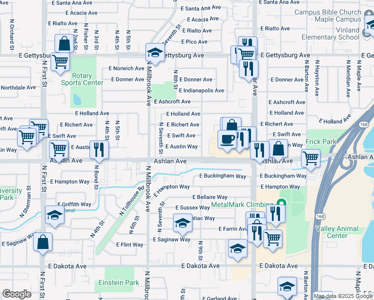 map of restaurants, bars, coffee shops, grocery stores, and more near 3842 East Austin Way in Fresno