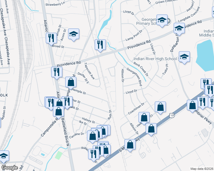 map of restaurants, bars, coffee shops, grocery stores, and more near 2809 Estella Drive in Chesapeake