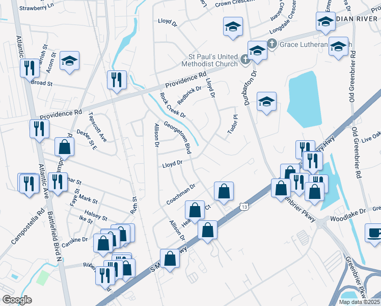map of restaurants, bars, coffee shops, grocery stores, and more near 2205 Georgetown Boulevard in Chesapeake
