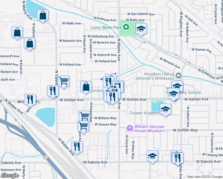 map of restaurants, bars, coffee shops, grocery stores, and more near 4027 North Marks Avenue in Fresno