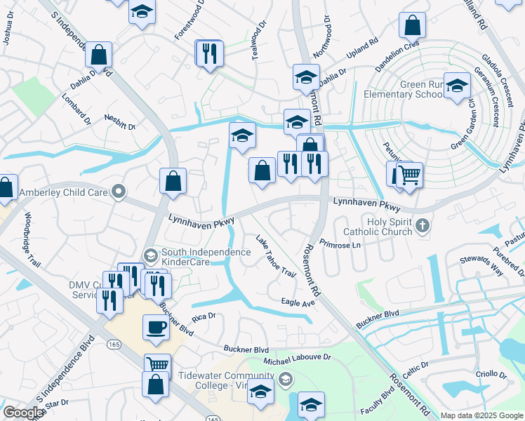 map of restaurants, bars, coffee shops, grocery stores, and more near 3640 Sylvan Court in Virginia Beach