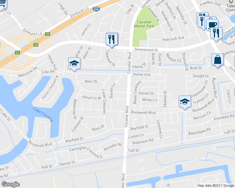 map of restaurants, bars, coffee shops, grocery stores, and more near 1109 Darren Drive in Portsmouth