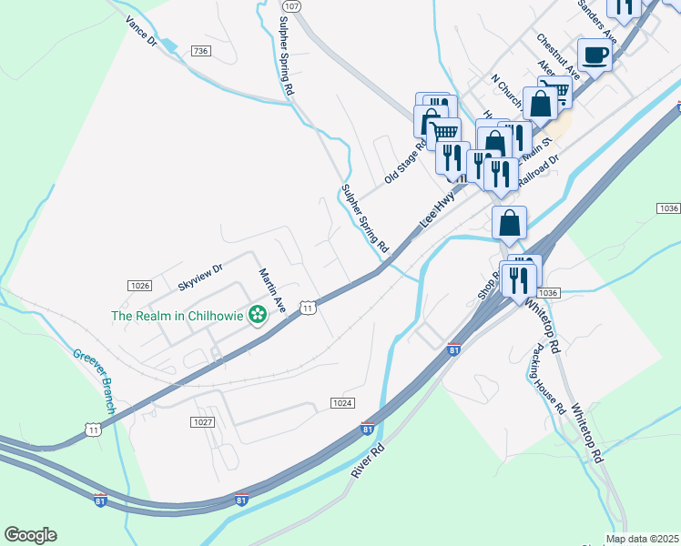 map of restaurants, bars, coffee shops, grocery stores, and more near 116 Pendleton Avenue in Chilhowie
