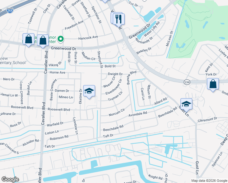 map of restaurants, bars, coffee shops, grocery stores, and more near 402 Truman Circle in Portsmouth
