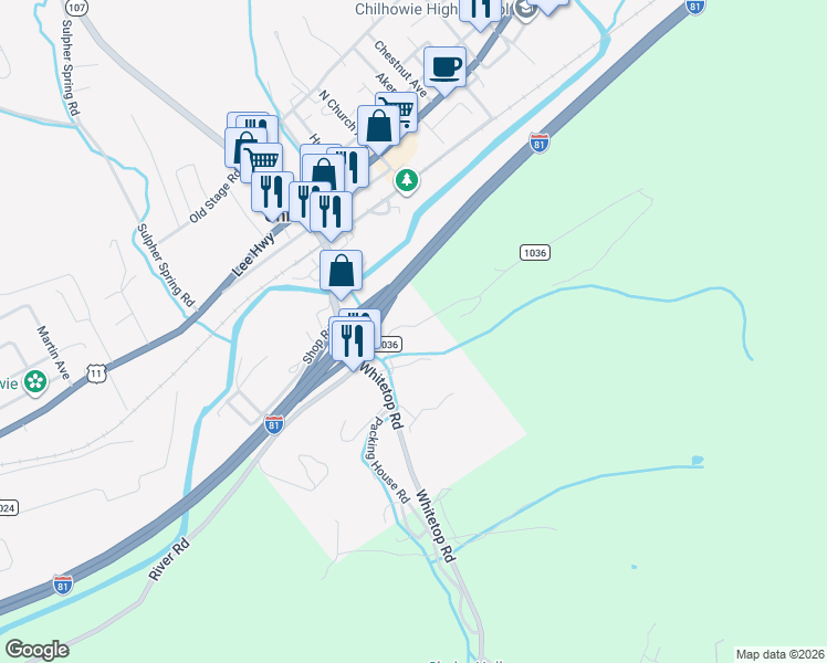 map of restaurants, bars, coffee shops, grocery stores, and more near 248 Overlook Drive in Chilhowie