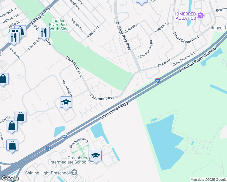 map of restaurants, bars, coffee shops, grocery stores, and more near 11 Keswick Circle in Chesapeake