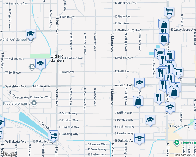 map of restaurants, bars, coffee shops, grocery stores, and more near 4248 North Wishon Avenue in Fresno