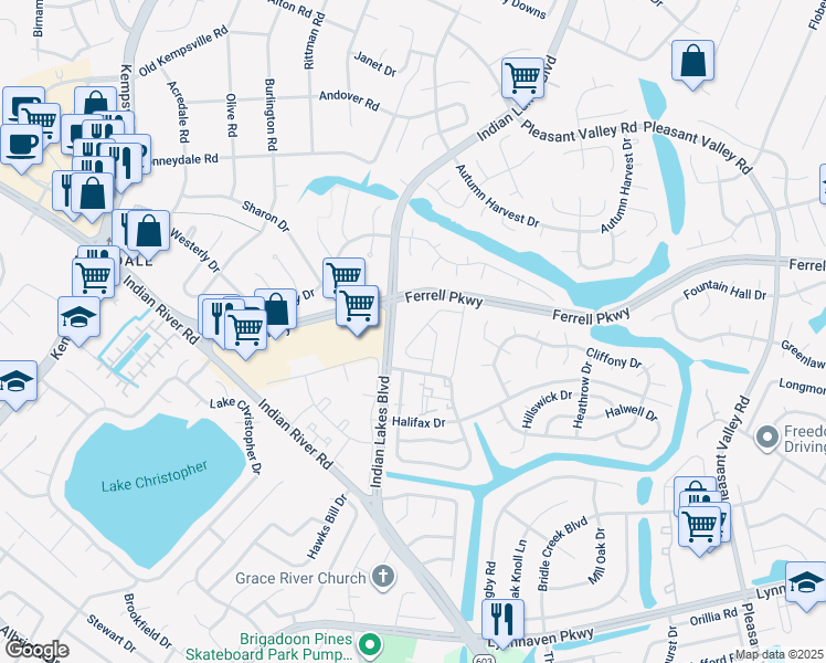 map of restaurants, bars, coffee shops, grocery stores, and more near 5244 Lake Victoria Arch in Virginia Beach