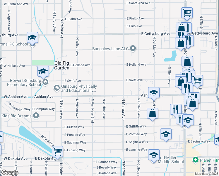 map of restaurants, bars, coffee shops, grocery stores, and more near 4248 North Wishon Avenue in Fresno