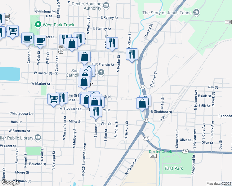 map of restaurants, bars, coffee shops, grocery stores, and more near 205 North Poplar Street in Dexter