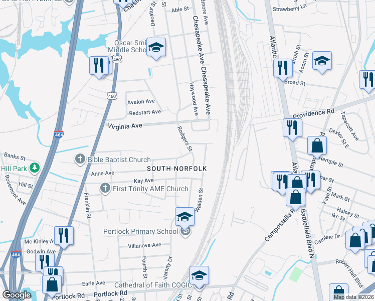 map of restaurants, bars, coffee shops, grocery stores, and more near 2812 Edgewood Court in Chesapeake