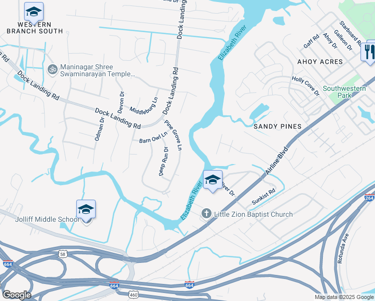 map of restaurants, bars, coffee shops, grocery stores, and more near 1528 Pine Grove Lane in Chesapeake
