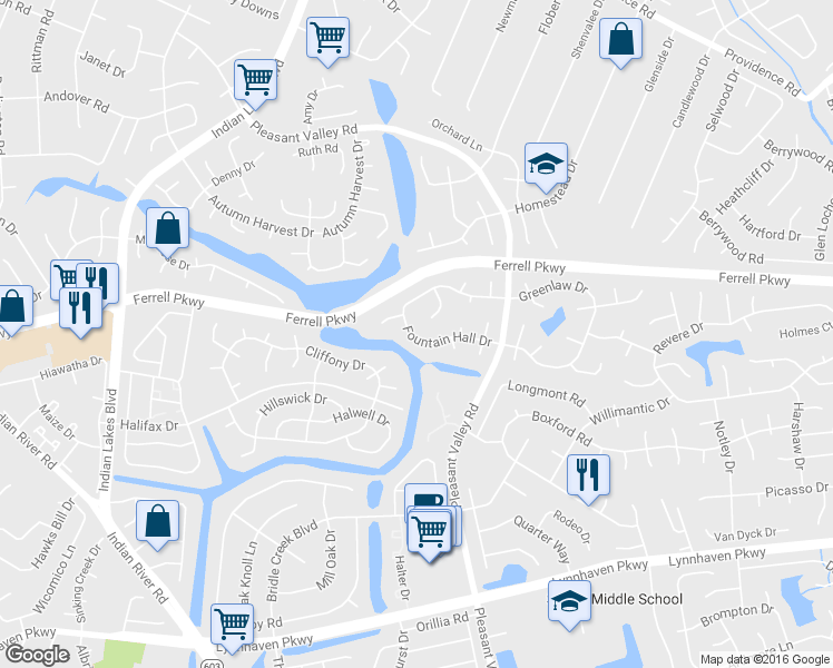map of restaurants, bars, coffee shops, grocery stores, and more near 4913 Fountain Hall Drive in Virginia Beach