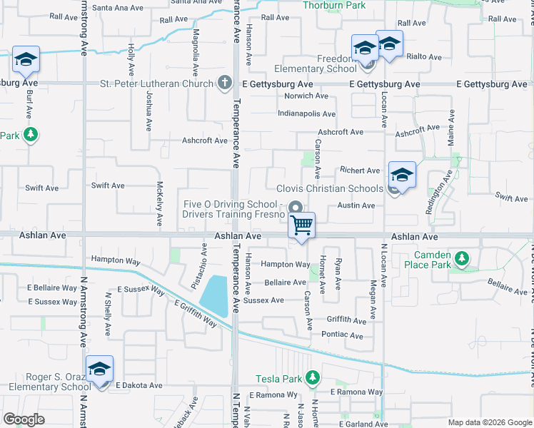 map of restaurants, bars, coffee shops, grocery stores, and more near 2644 Austin Avenue in Clovis