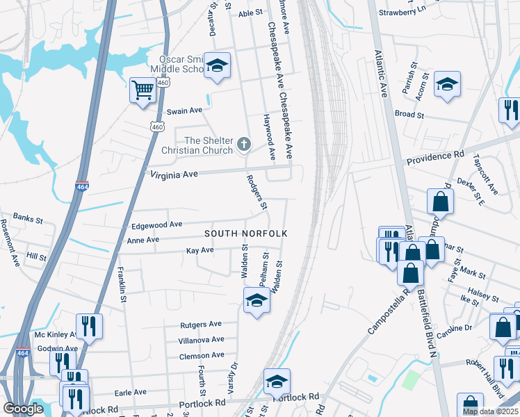map of restaurants, bars, coffee shops, grocery stores, and more near 2812 Edgewood Court in Chesapeake