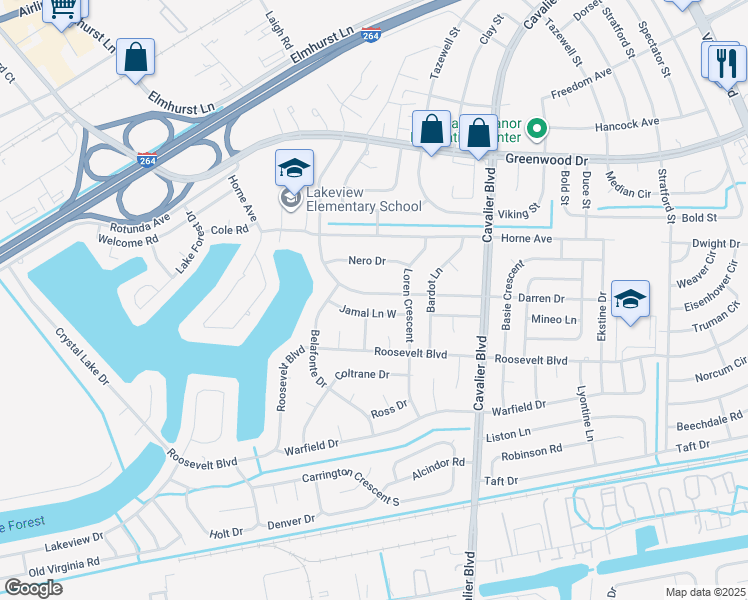 map of restaurants, bars, coffee shops, grocery stores, and more near 1209 Darren Drive in Portsmouth