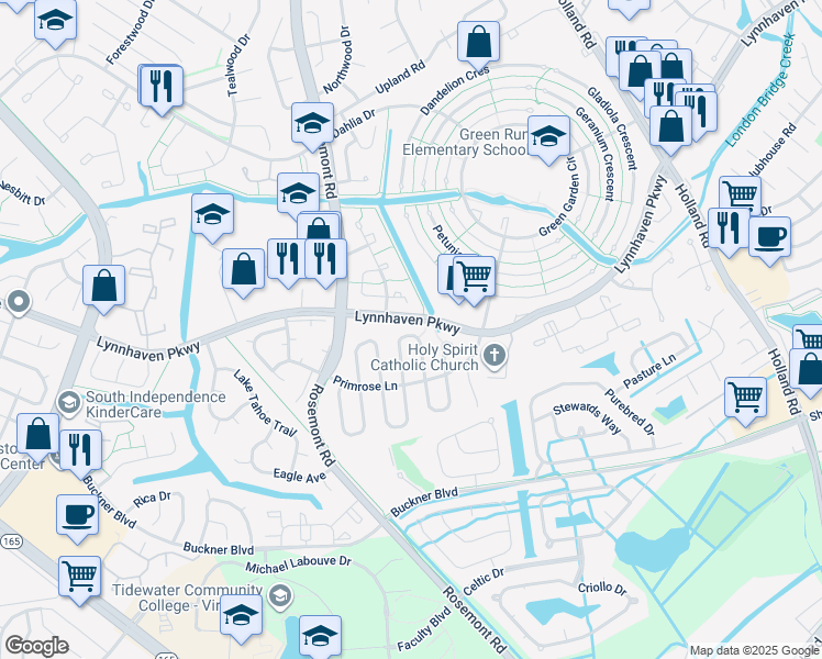 map of restaurants, bars, coffee shops, grocery stores, and more near 1429 Peartree Arch in Virginia Beach