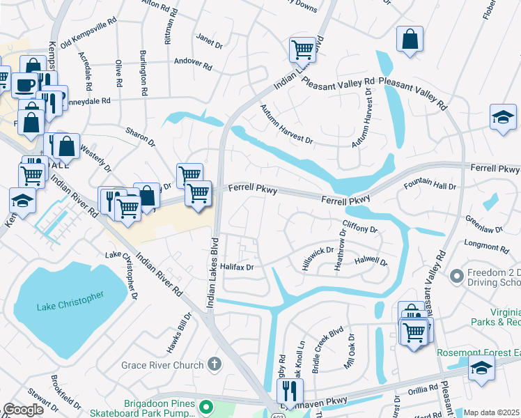 map of restaurants, bars, coffee shops, grocery stores, and more near 1439 Lake Geneve Drive in Virginia Beach