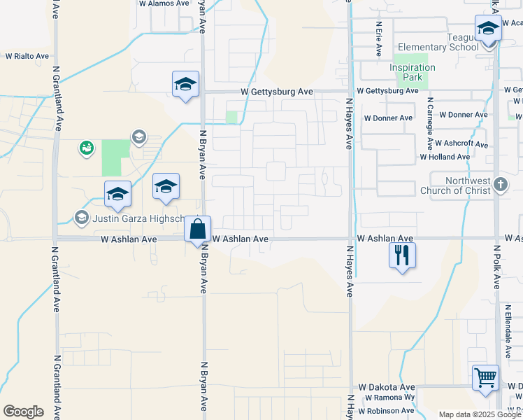 map of restaurants, bars, coffee shops, grocery stores, and more near 6260 West Ashlan Avenue in Fresno
