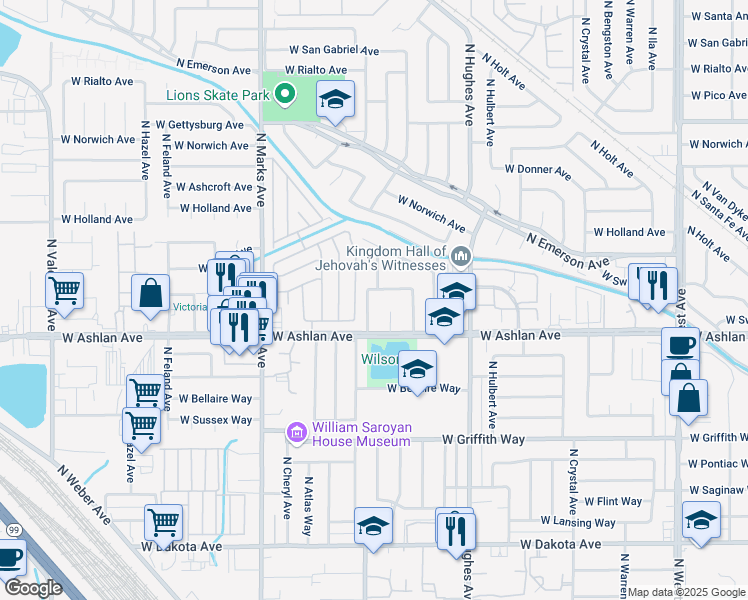 map of restaurants, bars, coffee shops, grocery stores, and more near 4234 North Pleasant Avenue in Fresno