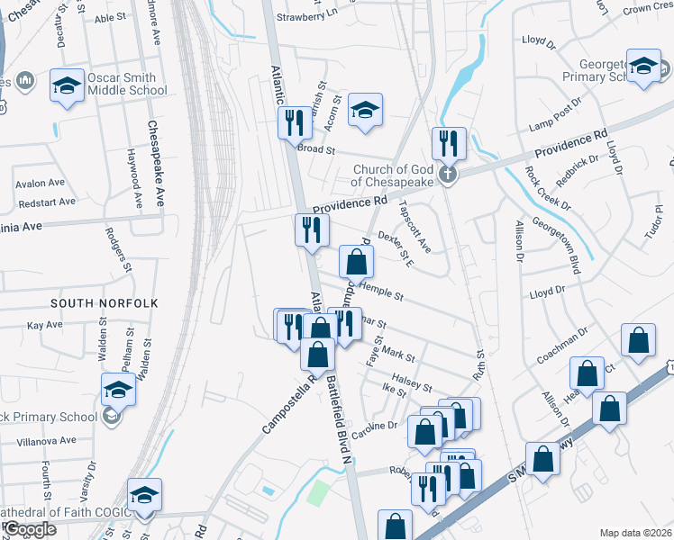 map of restaurants, bars, coffee shops, grocery stores, and more near 2513 Hemple Street in Chesapeake