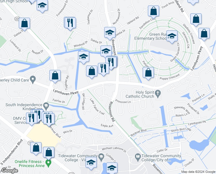 map of restaurants, bars, coffee shops, grocery stores, and more near 3613 Wetherington Drive in Virginia Beach