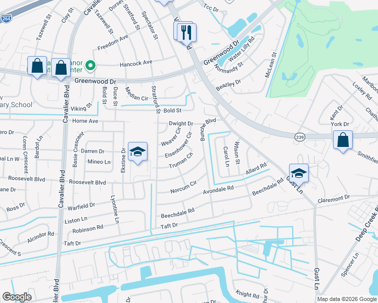 map of restaurants, bars, coffee shops, grocery stores, and more near 402 Truman Circle in Portsmouth