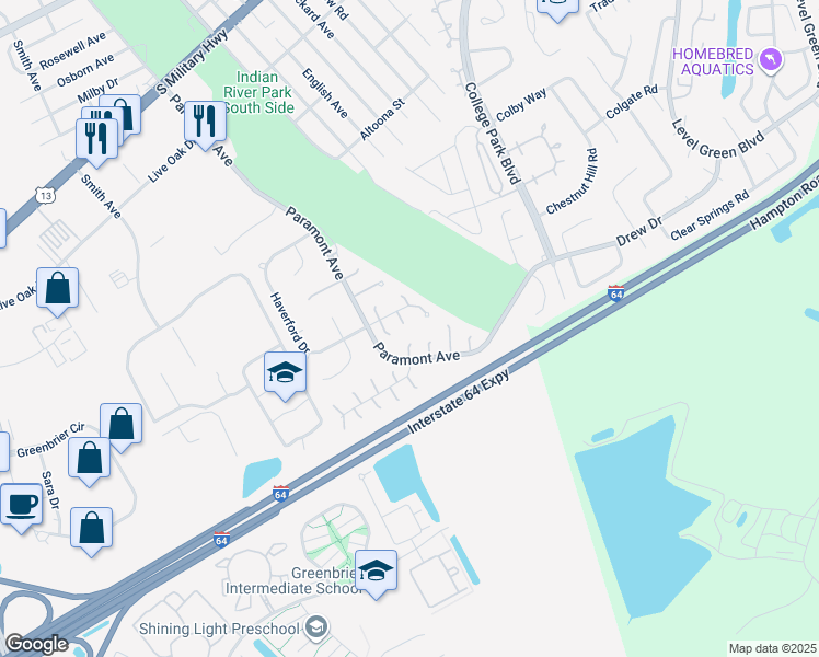 map of restaurants, bars, coffee shops, grocery stores, and more near 11 Glouchester Circle in Chesapeake