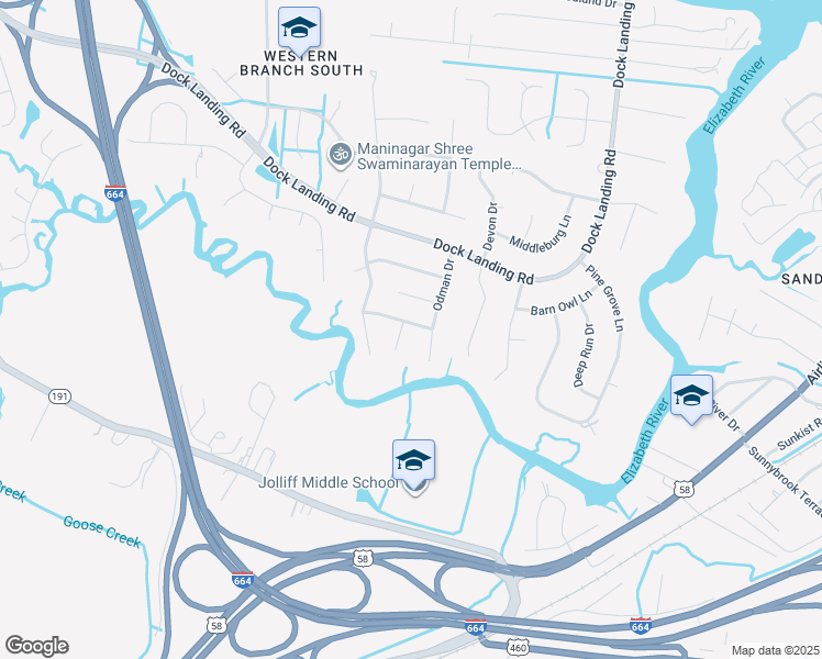 map of restaurants, bars, coffee shops, grocery stores, and more near 1513 Rick Fletcher Court in Chesapeake