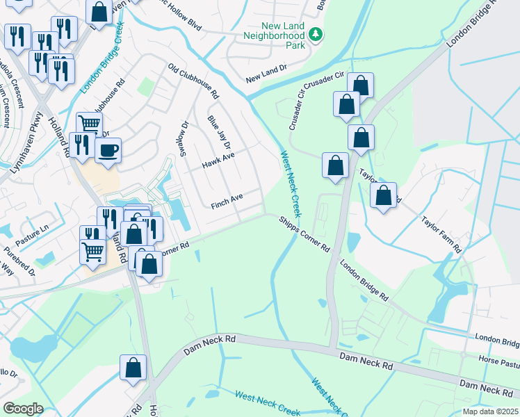 map of restaurants, bars, coffee shops, grocery stores, and more near 2900 Shipps Corner Road in Virginia Beach