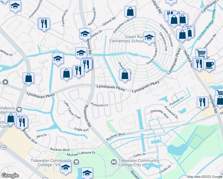 map of restaurants, bars, coffee shops, grocery stores, and more near 1429 Peartree Arch in Virginia Beach