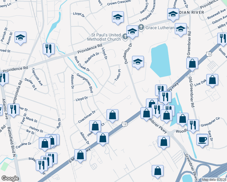 map of restaurants, bars, coffee shops, grocery stores, and more near 2129 Rock Creek Drive in Chesapeake