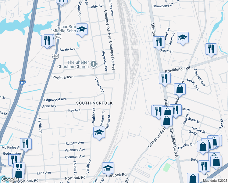 map of restaurants, bars, coffee shops, grocery stores, and more near 2803 Southport Ave in Chesapeake
