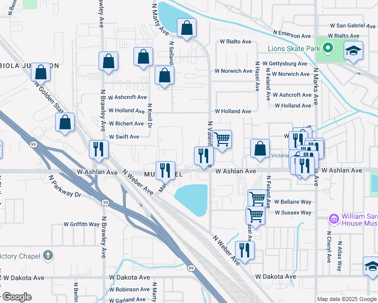 map of restaurants, bars, coffee shops, grocery stores, and more near 4051 North Valentine Avenue in Fresno