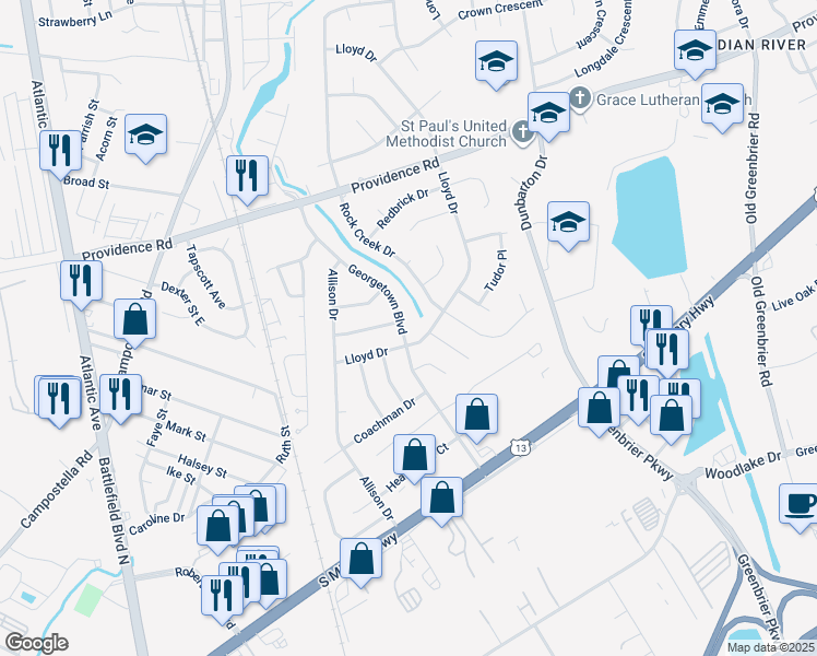 map of restaurants, bars, coffee shops, grocery stores, and more near 2205 Georgetown Boulevard in Chesapeake