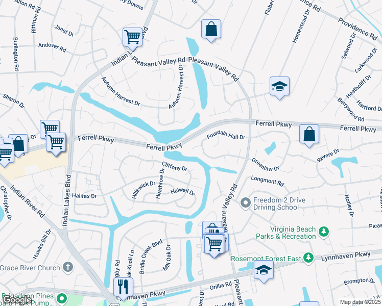 map of restaurants, bars, coffee shops, grocery stores, and more near 4821 Firth Lane in Virginia Beach