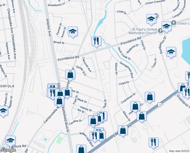 map of restaurants, bars, coffee shops, grocery stores, and more near 300 Dexter Street East in Chesapeake