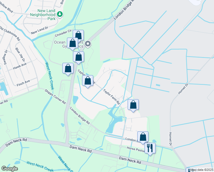 map of restaurants, bars, coffee shops, grocery stores, and more near 1352 Taylor Farm Road in Virginia Beach