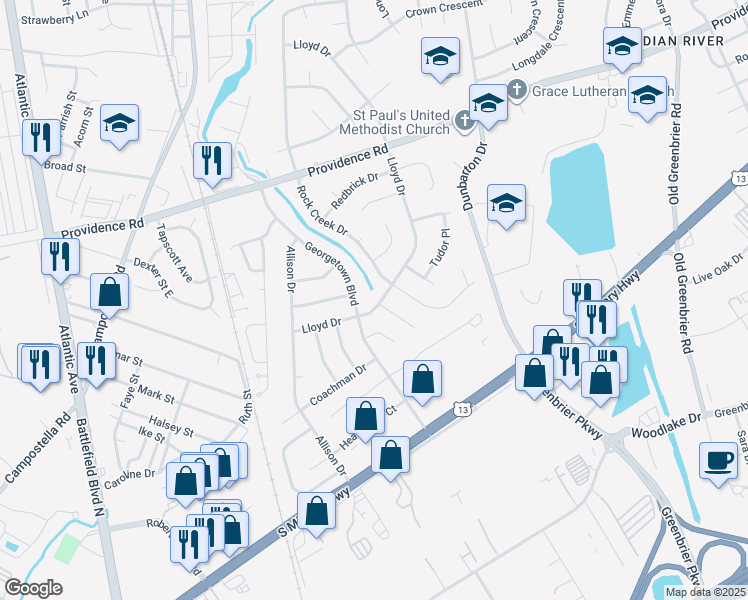 map of restaurants, bars, coffee shops, grocery stores, and more near 2204 Lloyd Drive in Chesapeake