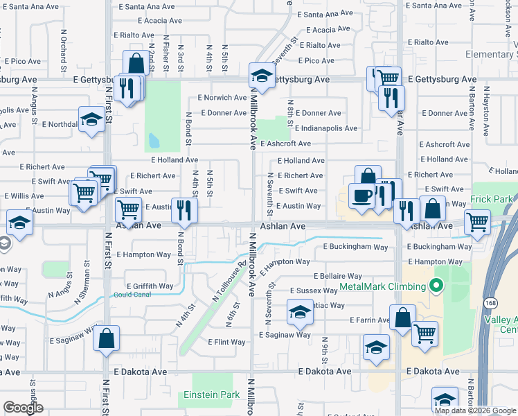 map of restaurants, bars, coffee shops, grocery stores, and more near 4244 North Millbrook Avenue in Fresno