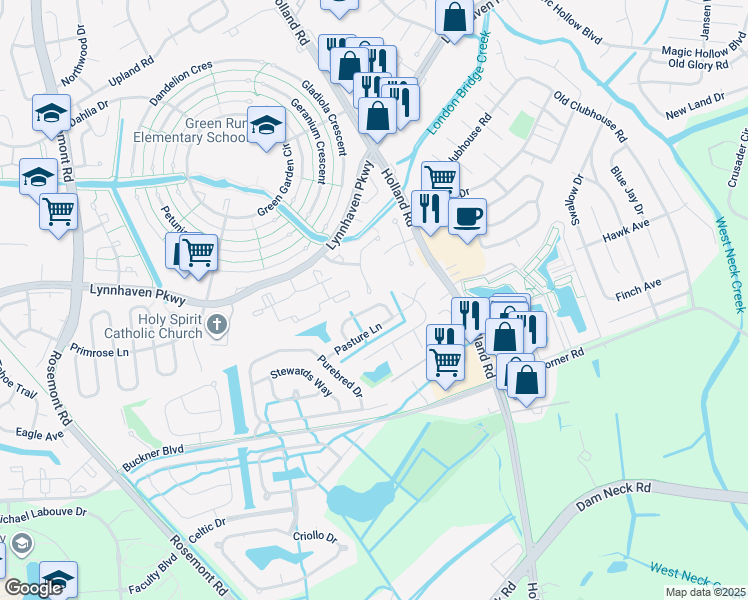 map of restaurants, bars, coffee shops, grocery stores, and more near 3424 Stirrup Way in Virginia Beach